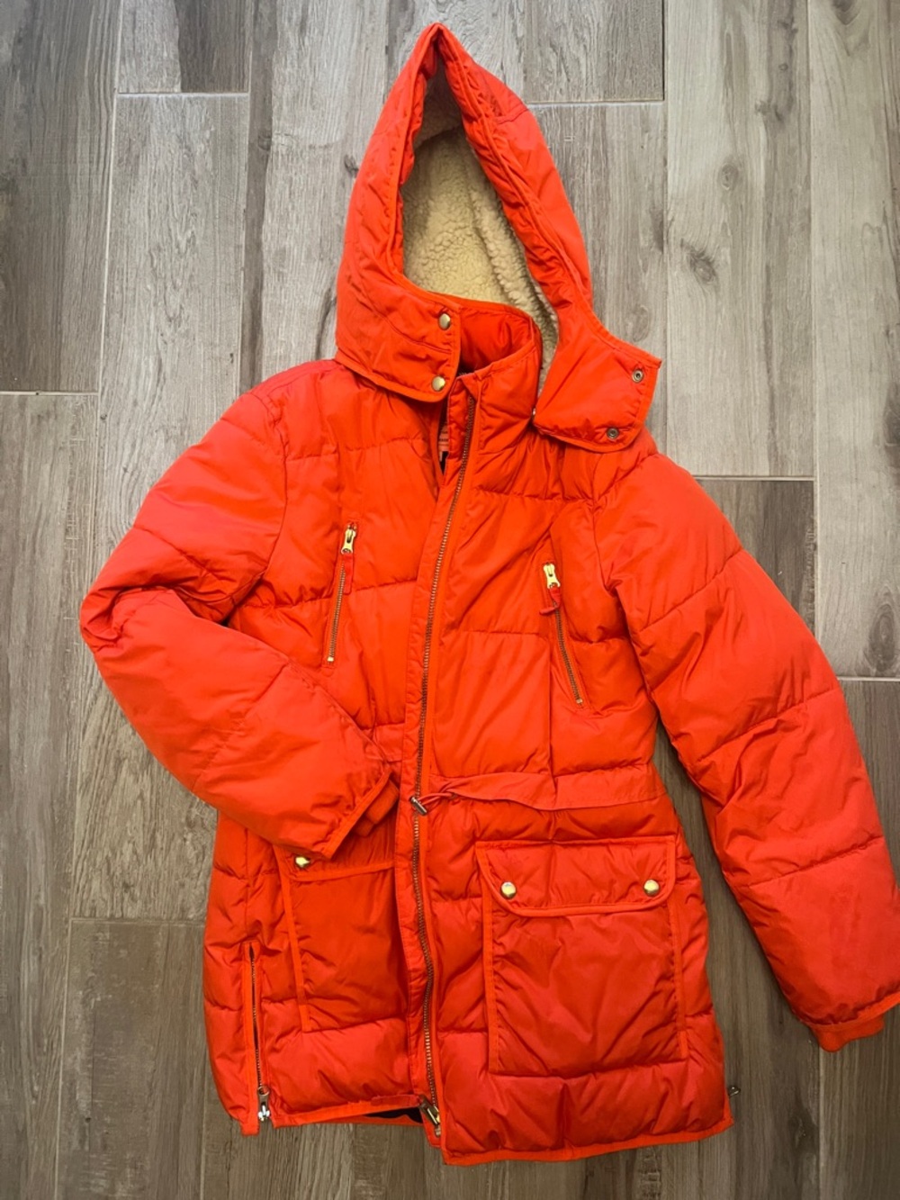 j.crew chateau puffer jacket with primaloft in brilliant sunset, size Small